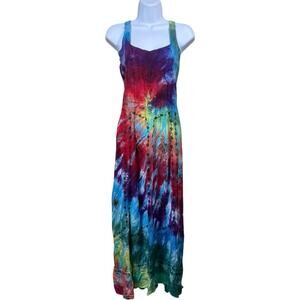 VTG Tie Dye Embroidered Maxi Dress L/XL Boho Festival Hippie Groovy India Artsy